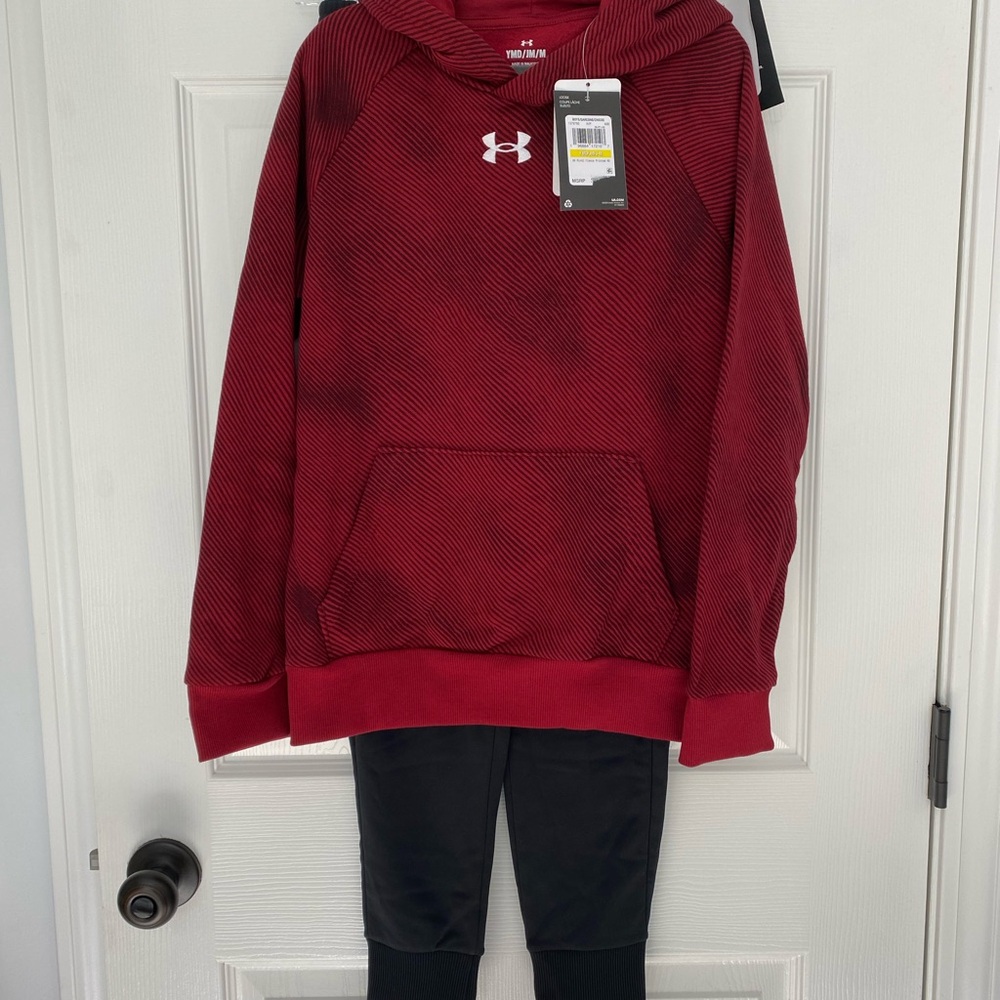 NWTs Boys Under Armour Red Hoodie and Black Joggers size M